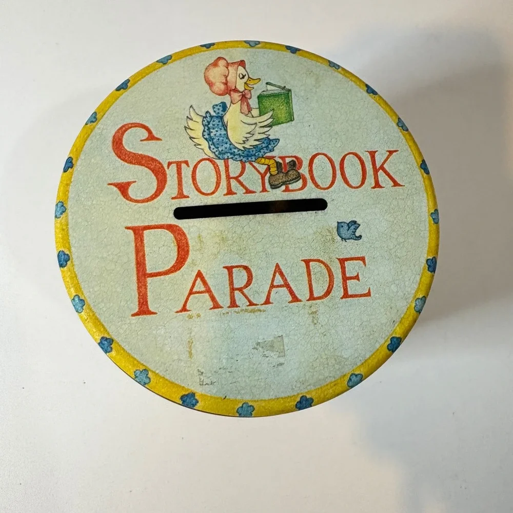 Vintage Storybook Parade Tin Coin Bank Nursery Rhyme Humpty Dumpty Bo Peep